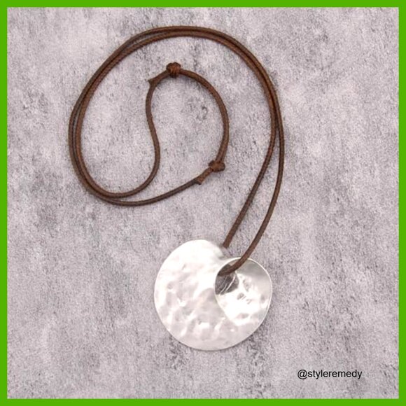 Chunky Bohemian Leather Choker Necklace, Adjustable Cord, Silver Pendant, 31.5 - Picture 6 of 7